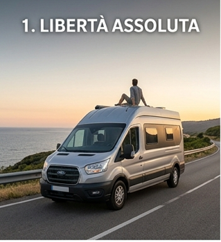 camper al tramonto con ragazzo seduto sul tetto